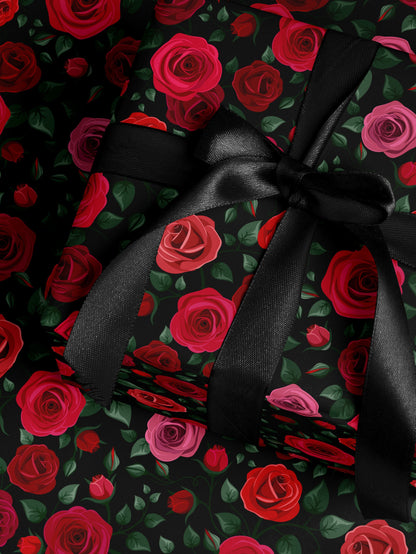 Red Rose Wrapping Paper Wedding Gift Wrap Botanical Flower Print Moody Flower Art Romantic Gift for Her Princess Birthday Party Gift Wrap