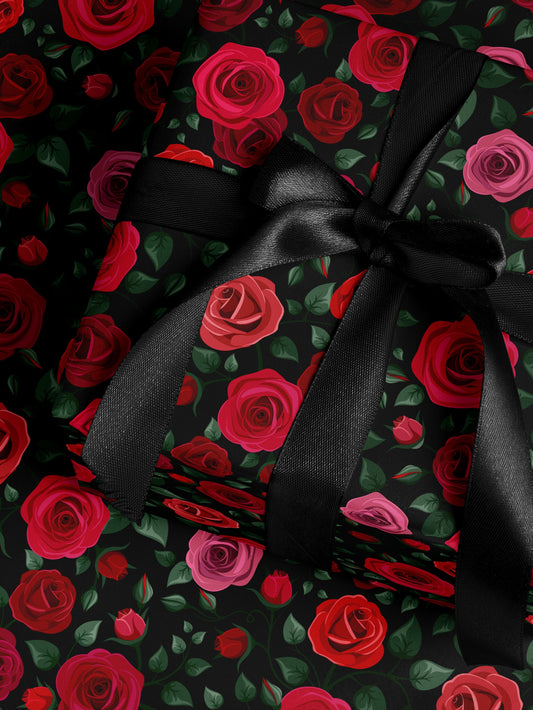 Red Rose Wrapping Paper Wedding Gift Wrap Botanical Flower Print Moody Flower Art Romantic Gift for Her Princess Birthday Party Gift Wrap