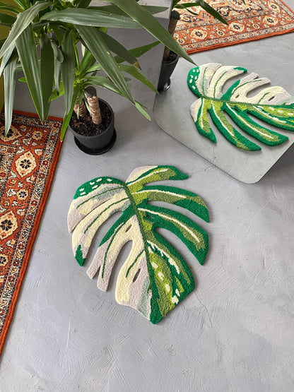 Monstera leaf white moss Rug, Plant leaf bedroom aesthetic decor, Living room floor mat, Non-slip rug, Gift idea, Aesthetic rug