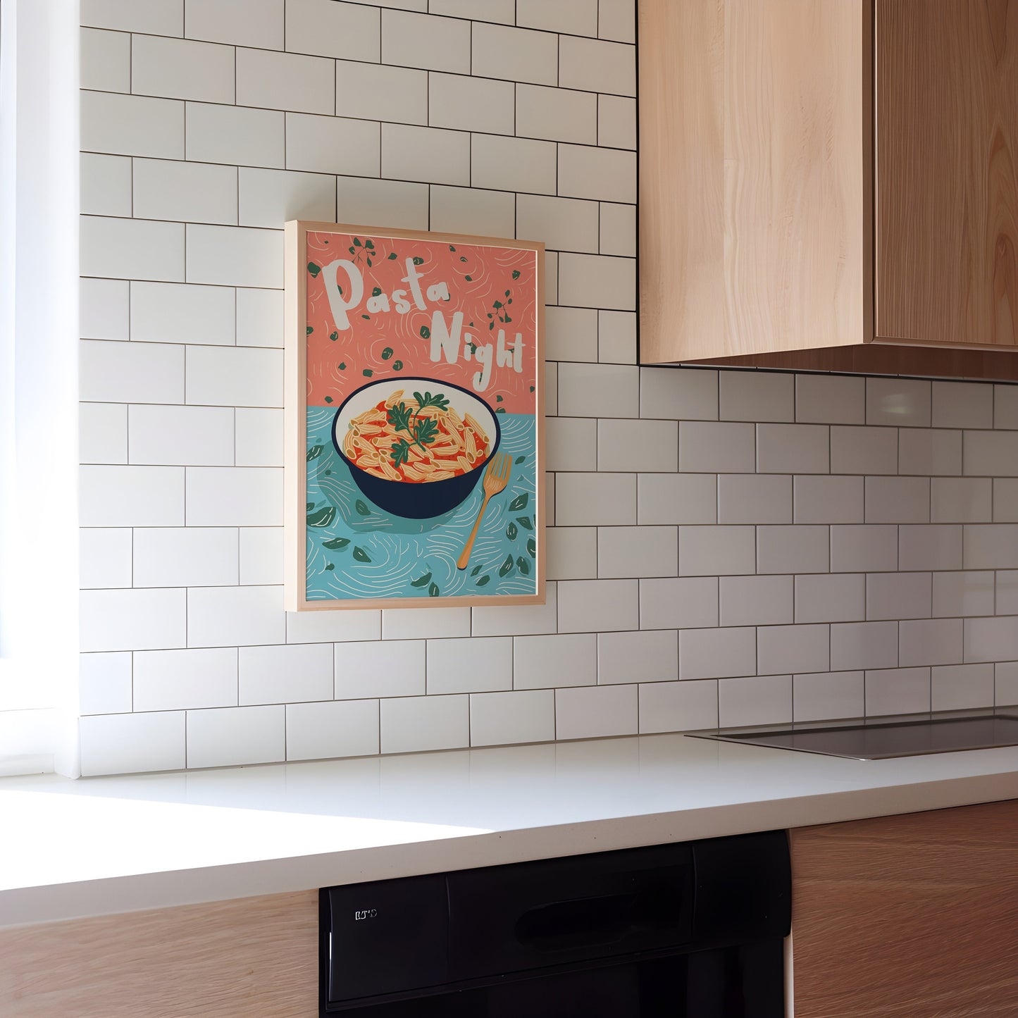 Pasta Night Retro Kitchen Print: Colourful 90s Illustration