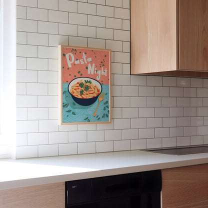 Pasta Night Retro Kitchen Print: Colourful 90s Illustration