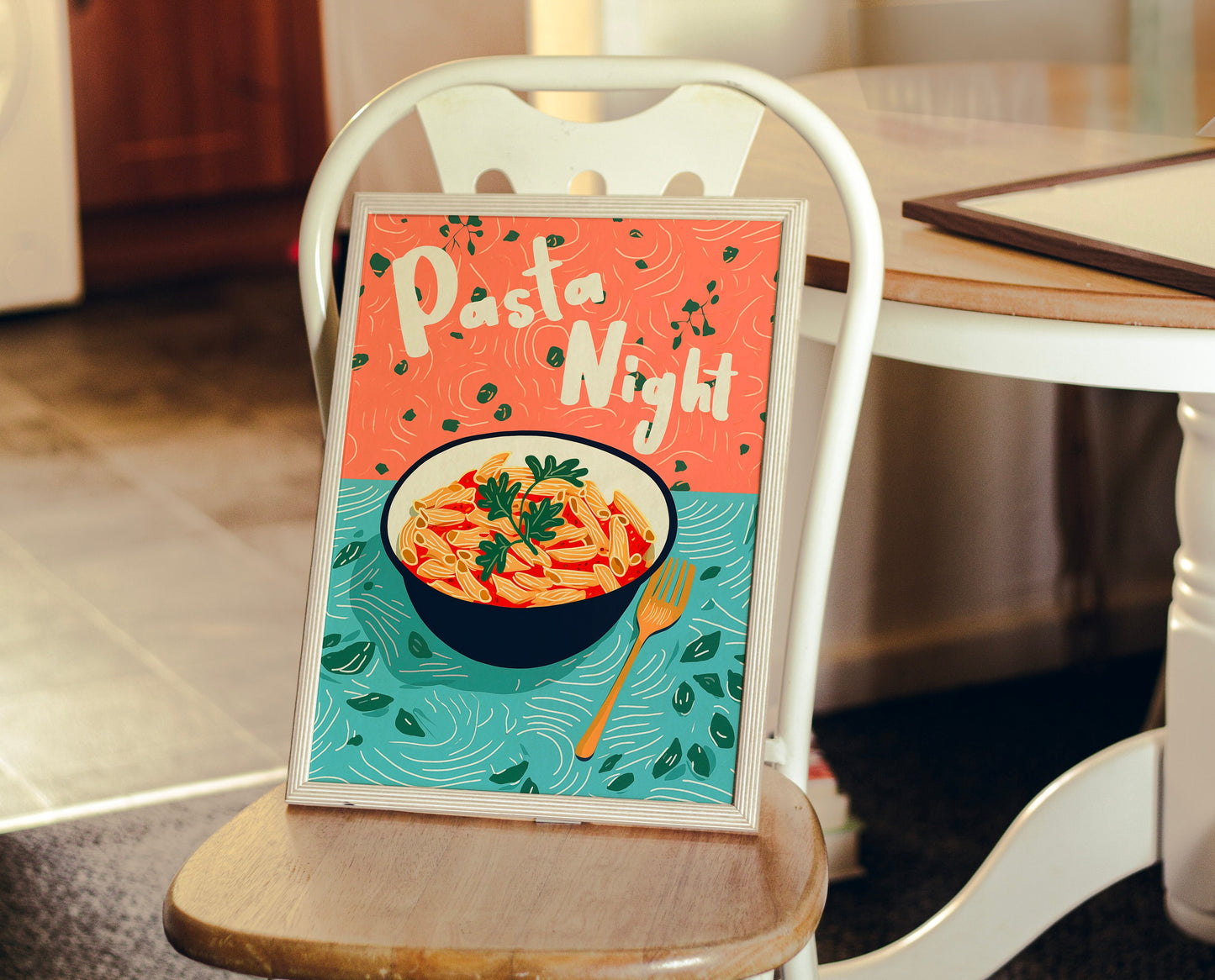 Pasta Night Retro Kitchen Print: Colourful 90s Illustration