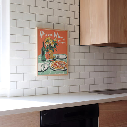 Pizza Wine Print: Retro 90s Kitchen Wall Art
