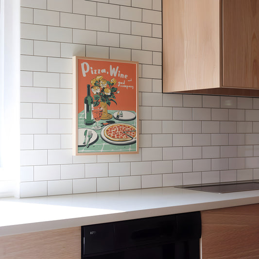 Pizza Wine Print: Retro 90s Kitchen Wall Art