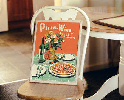 Pizza Wine Print: Retro 90s Kitchen Wall Art