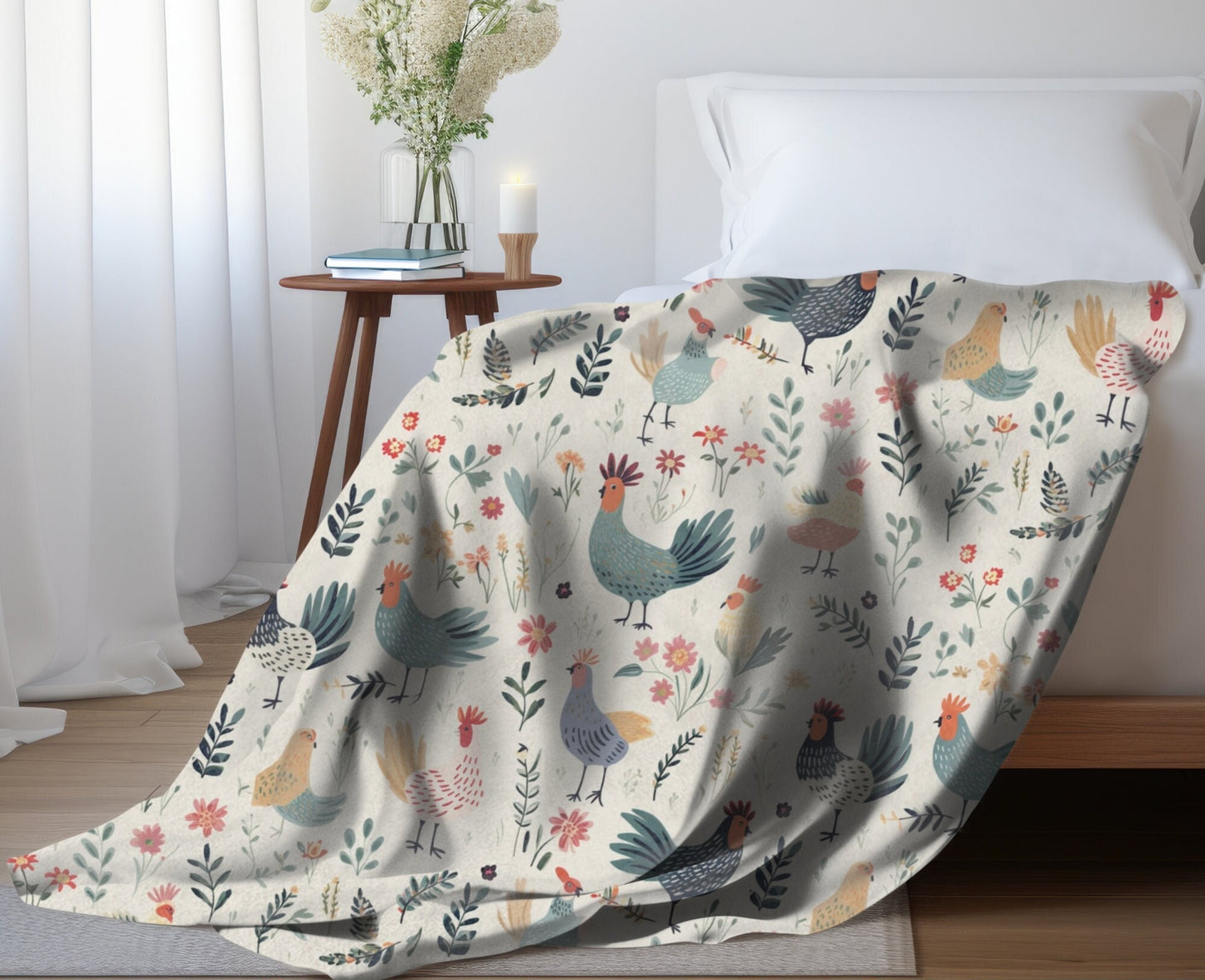 Chicken Throw Blanket, Crazy Chicken Lady Blanket, Floral Chicken Blanket, Spring Chicken Home Decor, Farm Animal Blanket, Chicken Lady Gift