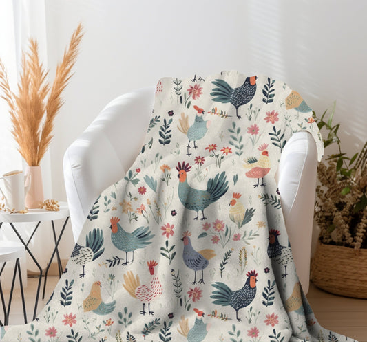 Chicken Throw Blanket, Crazy Chicken Lady Blanket, Floral Chicken Blanket, Spring Chicken Home Decor, Farm Animal Blanket, Chicken Lady Gift