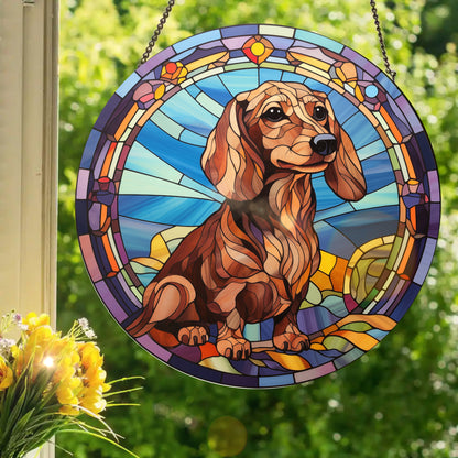 Tan Longhaired Daschund: Stained Glass Style Window Hanging