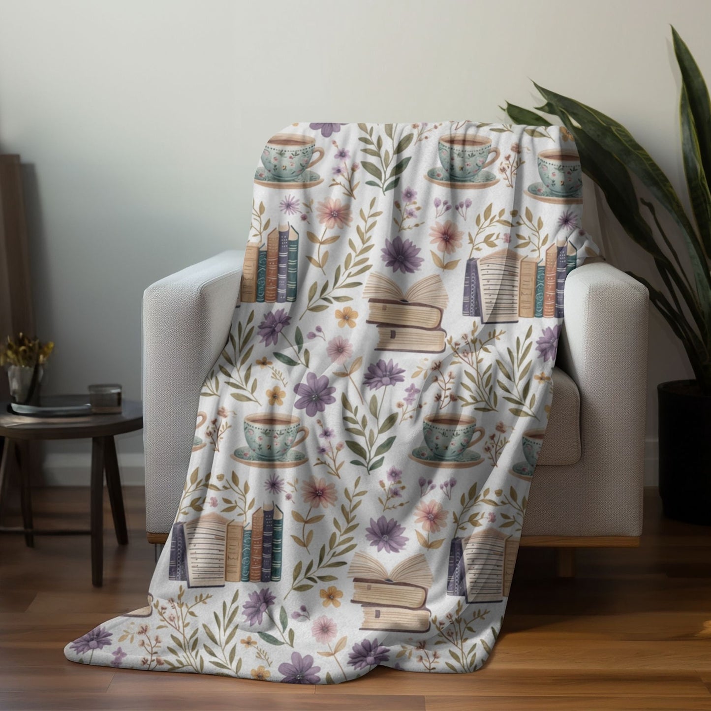 Bookish Blanket Purple Floral Reading Fleece, Books and Coffee Throw, Book Nook Cover, Storytime Nursery Decor, Reader Gift for Bookworm