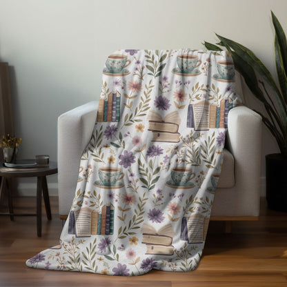 Bookish Blanket Purple Floral Reading Fleece, Books and Coffee Throw, Book Nook Cover, Storytime Nursery Decor, Reader Gift for Bookworm
