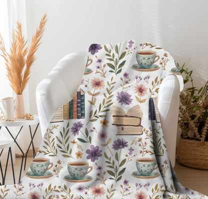Bookish Blanket Purple Floral Reading Fleece, Books and Coffee Throw, Book Nook Cover, Storytime Nursery Decor, Reader Gift for Bookworm