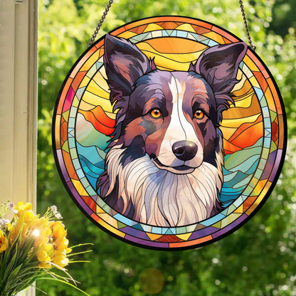 Tri-Color Border Collie: Stained Glass Style Window Hanging