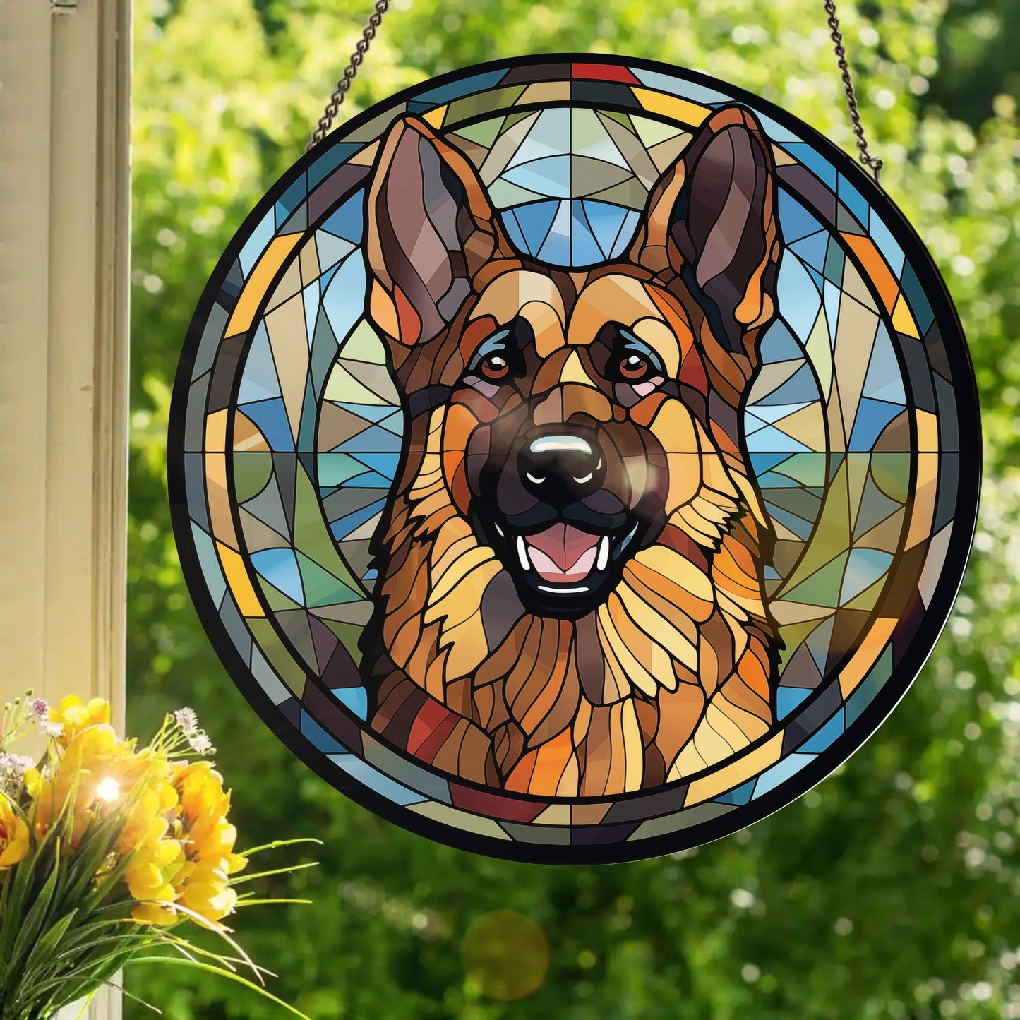 Tri-Color German Shepherd: Stained Glass Style Window Hanging