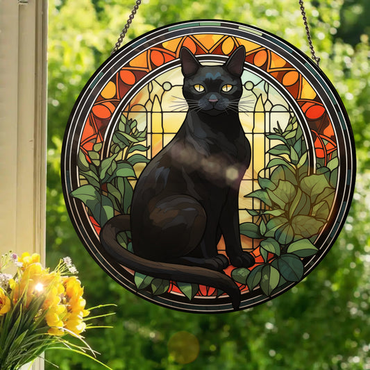 Greenhouse Black Cat: Stained Glass Style Window Hanging