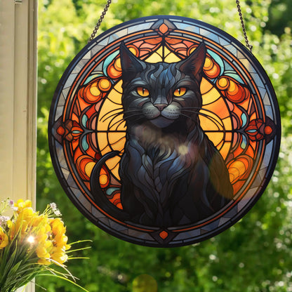 Black Cat Sunset: Stained Glass Style Window Hanging