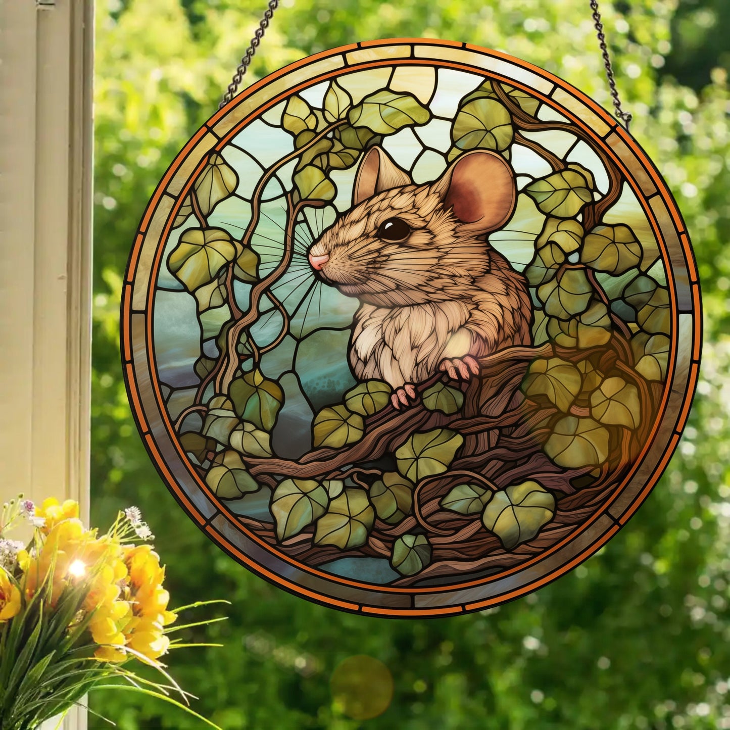Forest Mouse: Stained Glass Style Window Hanging