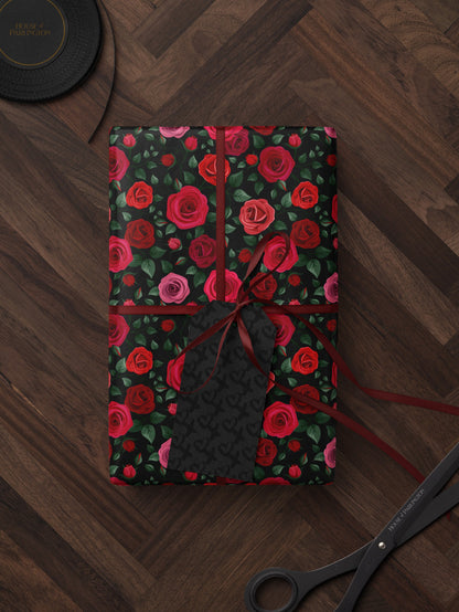 Red Floral Wrapping Paper Rose Gift Wrap Wedding Gift Birthday Present Wrapping Romantic Gift for Her Holiday Wrapping Paper Lovely Design