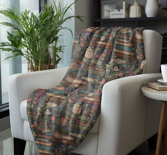 Bookish Throw Blanket Reading Minky Blanket, Folk Art Warm Blanket, Bookworm Fleece Throw Gift for Reader Book Nook Throw, Christmas Gift