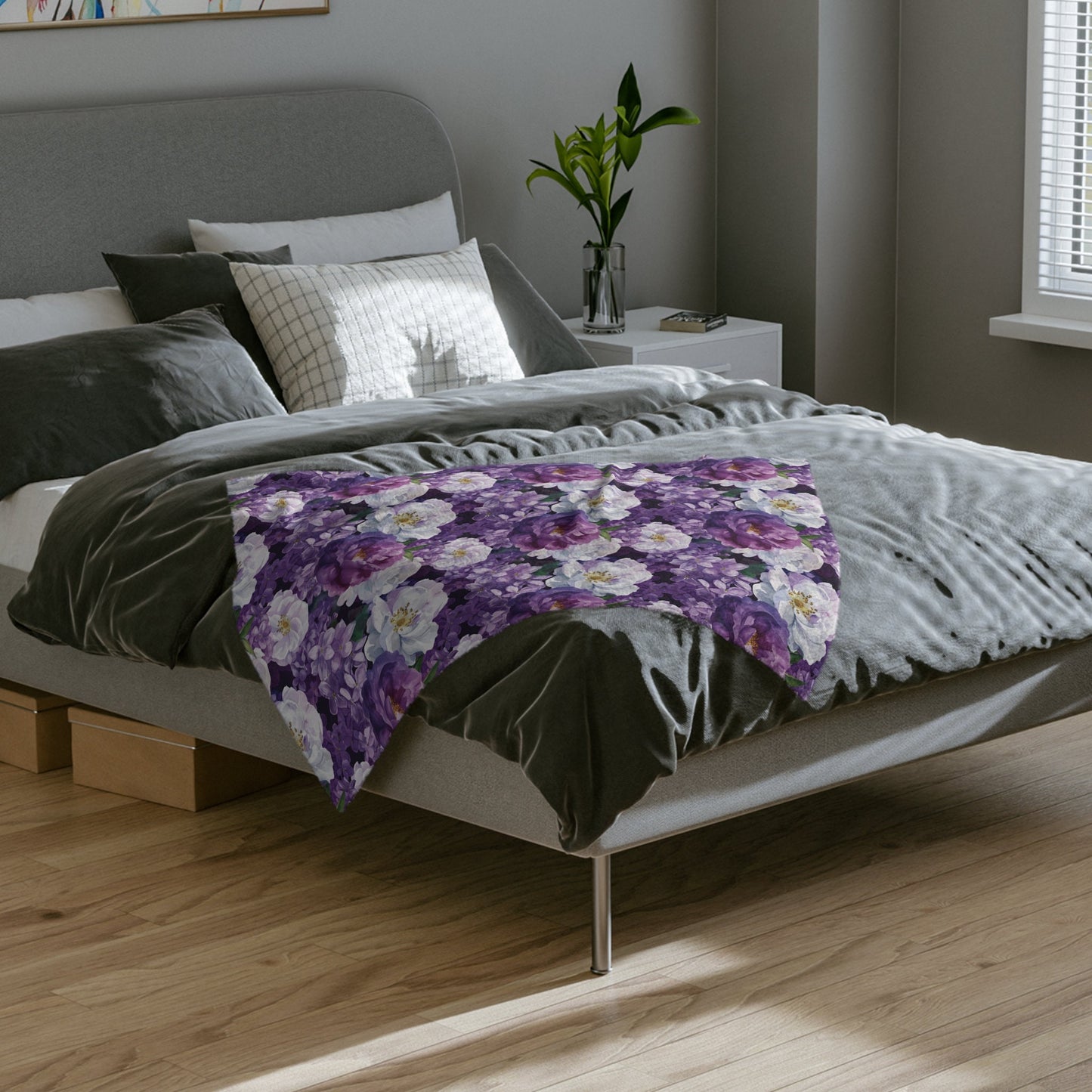 Purple Floral Throw Blanket, Lilac and Roses Fleece Blanket, Floral Home Decor Gift for Flower Lovers Nursery Decor Rose Baby Shower Gift