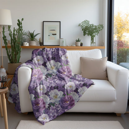 Purple Floral Throw Blanket, Lilac and Roses Fleece Blanket, Floral Home Decor Gift for Flower Lovers Nursery Decor Rose Baby Shower Gift