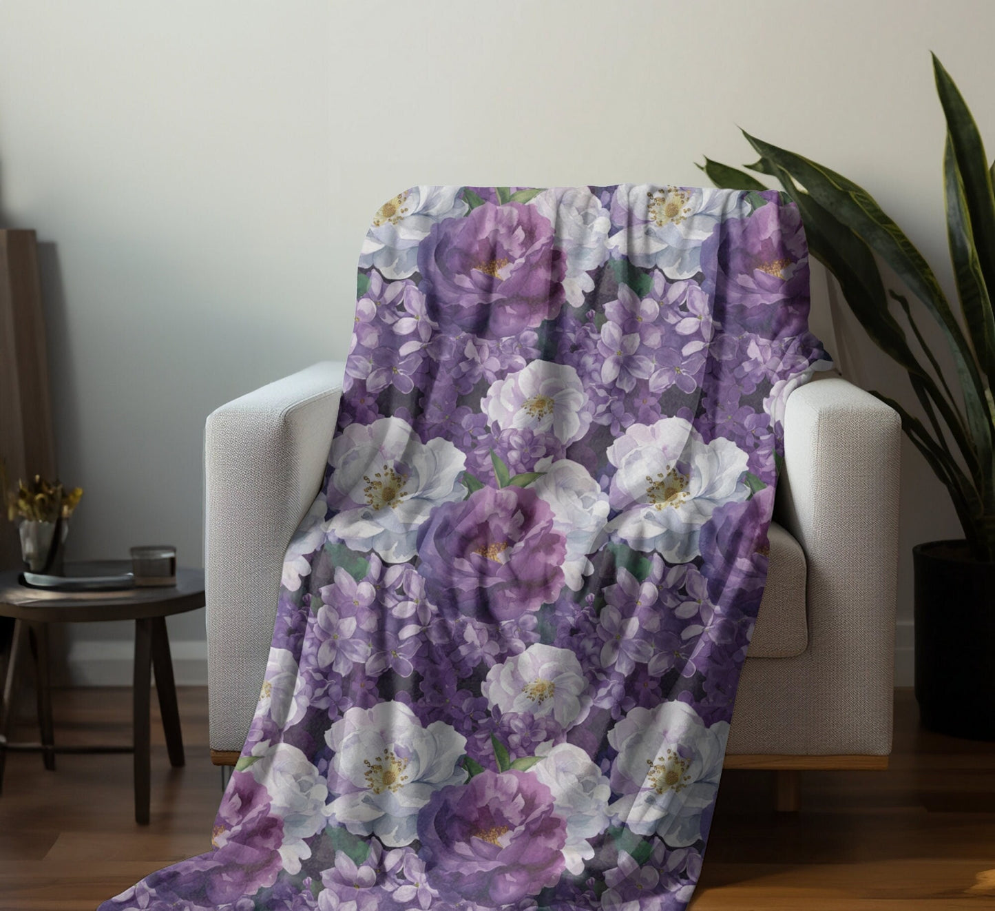 Purple Floral Throw Blanket, Lilac and Roses Fleece Blanket, Floral Home Decor Gift for Flower Lovers Nursery Decor Rose Baby Shower Gift