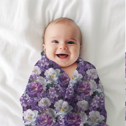 Purple Floral Throw Blanket, Lilac and Roses Fleece Blanket, Floral Home Decor Gift for Flower Lovers Nursery Decor Rose Baby Shower Gift