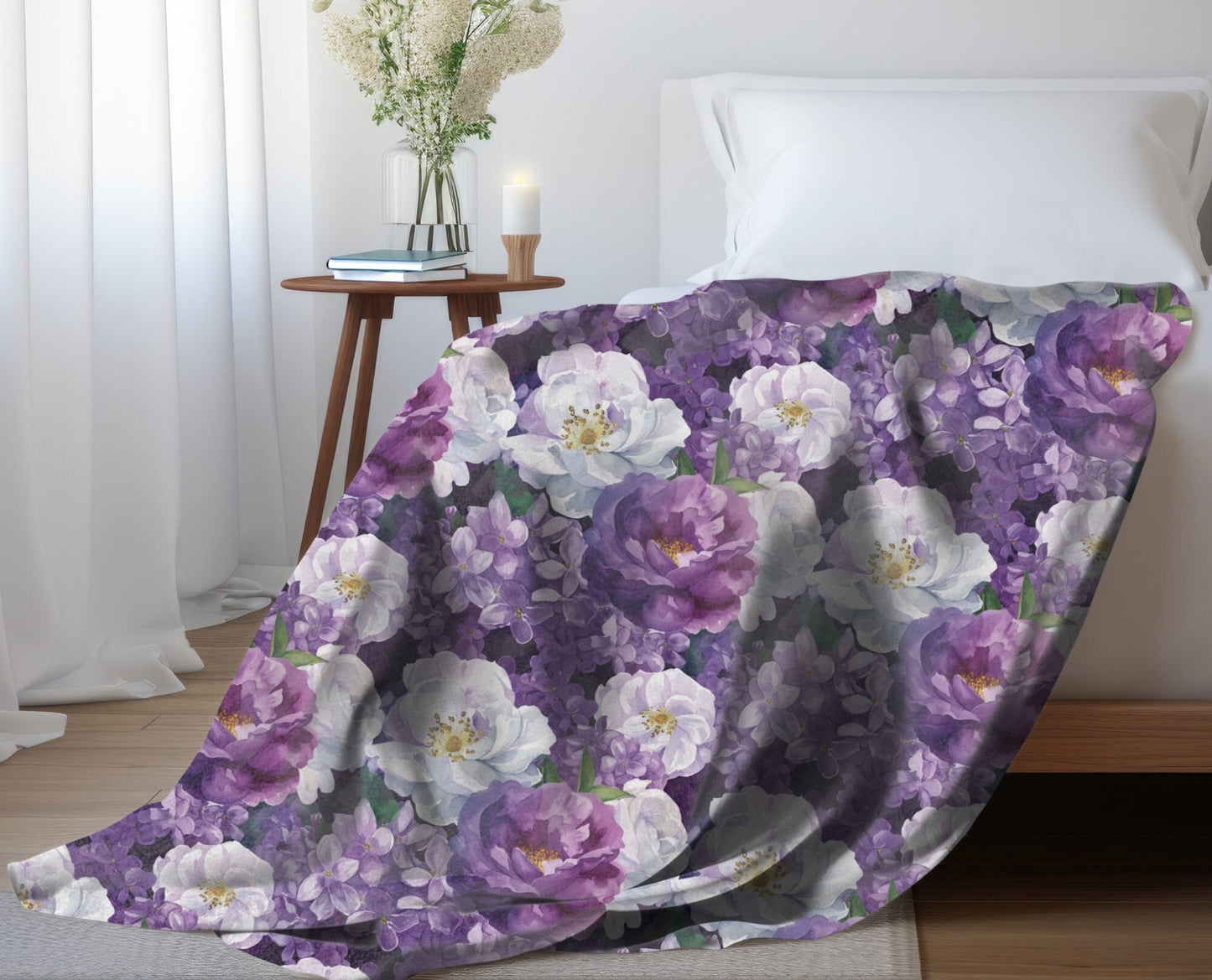 Purple Floral Throw Blanket, Lilac and Roses Fleece Blanket, Floral Home Decor Gift for Flower Lovers Nursery Decor Rose Baby Shower Gift