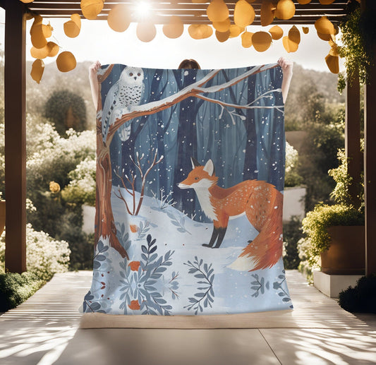 Red Fox Snowy Owl Winter Blanket, Snowy Owl & Fox in the Forest Throw, Woodland Winter Home Decor, Cottagecore Cover Gift for Nature Lovers