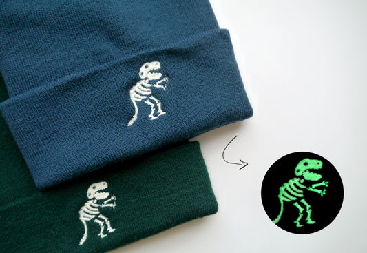 Glow in the Dark Dinosaur T-Rex Skeleton Embroidered Beanie - More Colours - Free Delivery