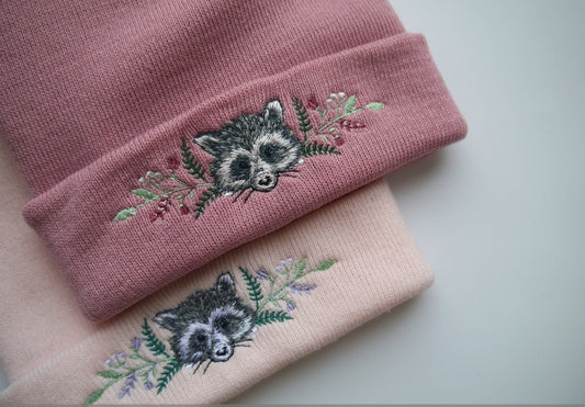 Lovely Floral Racoon Embroidered Beanie - More Colours - Free Delivery - Trash Panda