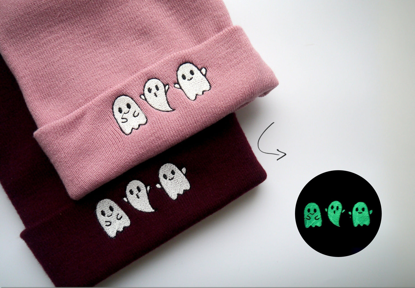 Glow in the Dark Ghost Embroidered Beanie - Free Delivery - More Colours - Glow Thread