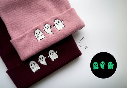 Glow in the Dark Ghost Embroidered Beanie - Free Delivery - More Colours - Glow Thread
