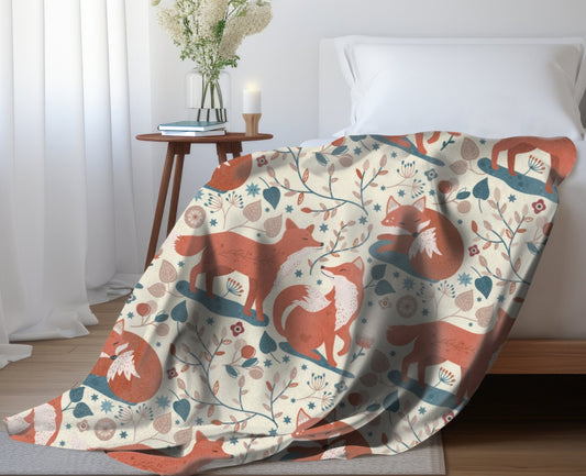Red Fox and Floral Throw Blanket, Cottagecore Fleece Throw, Enchanted Woodland Decor Forest Blanket, Whimsical Cottagecore Nursery Decor