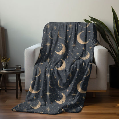 Moon and Stars Throw Blanket, Celestial Home Decor, Starry Night Sky Cover, Lunar Nursery Decor, Sun and Moon Fleece, Cosmic Bedspread