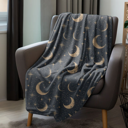 Moon and Stars Throw Blanket, Celestial Home Decor, Starry Night Sky Cover, Lunar Nursery Decor, Sun and Moon Fleece, Cosmic Bedspread