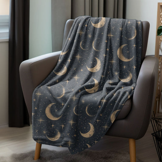 Moon and Stars Throw Blanket, Celestial Home Decor, Starry Night Sky Cover, Lunar Nursery Decor, Sun and Moon Fleece, Cosmic Bedspread