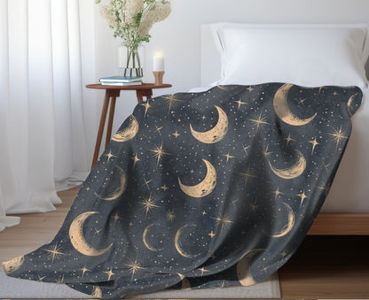 Moon and Stars Throw Blanket, Celestial Home Decor, Starry Night Sky Cover, Lunar Nursery Decor, Sun and Moon Fleece, Cosmic Bedspread