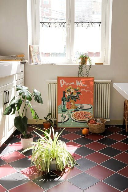 Pizza Wine Print: Retro 90s Kitchen Wall Art