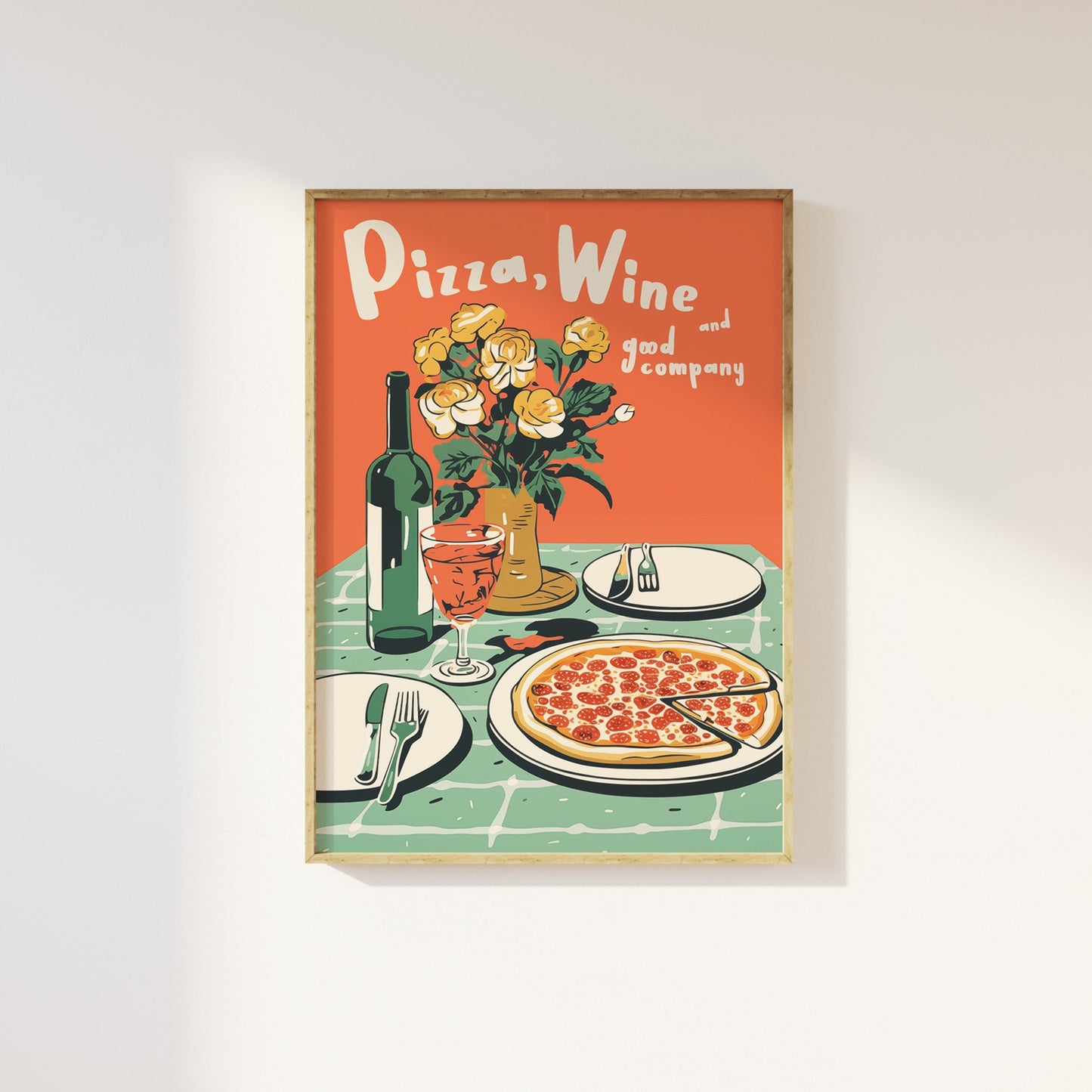 Pizza Wine Print: Retro 90s Kitchen Wall Art