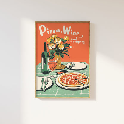 Pizza Wine Print: Retro 90s Kitchen Wall Art