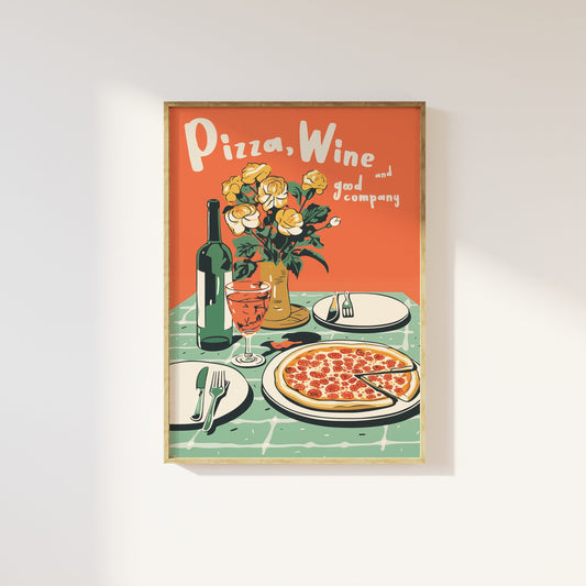 Pizza Wine Print: Retro 90s Kitchen Wall Art