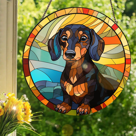 Black and Tan Dachshund: Stained Glass Style Window Hanging