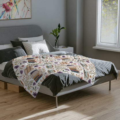 Bookish Blanket Purple Floral Reading Fleece, Books and Coffee Throw, Book Nook Cover, Storytime Nursery Decor, Reader Gift for Bookworm