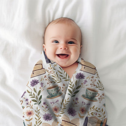 Bookish Blanket Purple Floral Reading Fleece, Books and Coffee Throw, Book Nook Cover, Storytime Nursery Decor, Reader Gift for Bookworm