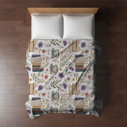 Bookish Blanket Purple Floral Reading Fleece, Books and Coffee Throw, Book Nook Cover, Storytime Nursery Decor, Reader Gift for Bookworm