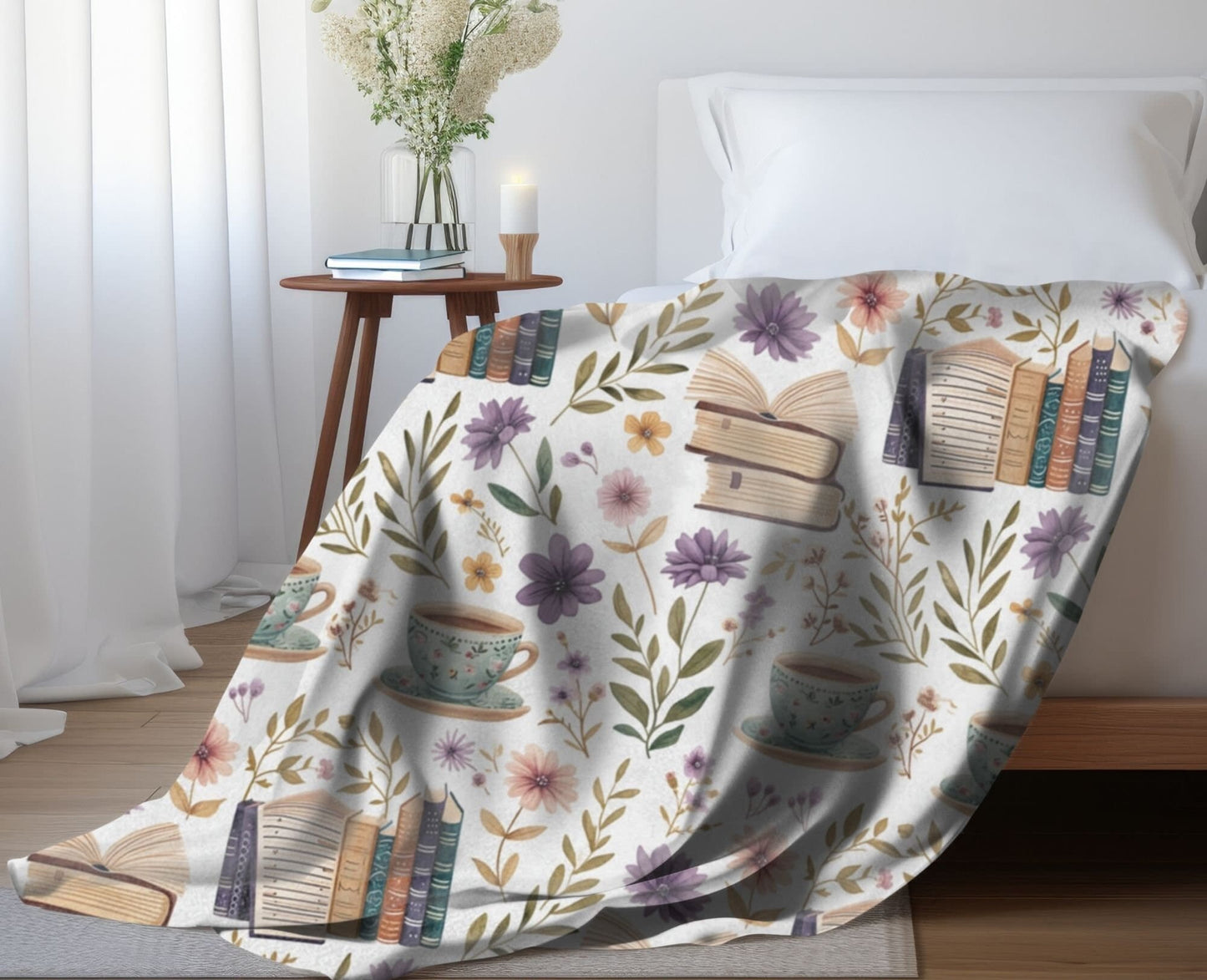 Bookish Blanket Purple Floral Reading Fleece, Books and Coffee Throw, Book Nook Cover, Storytime Nursery Decor, Reader Gift for Bookworm