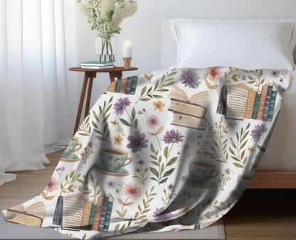 Bookish Blanket Purple Floral Reading Fleece, Books and Coffee Throw, Book Nook Cover, Storytime Nursery Decor, Reader Gift for Bookworm