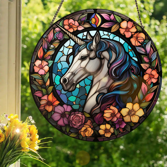 White Unicorn: Stained Glass Style Window Hanging