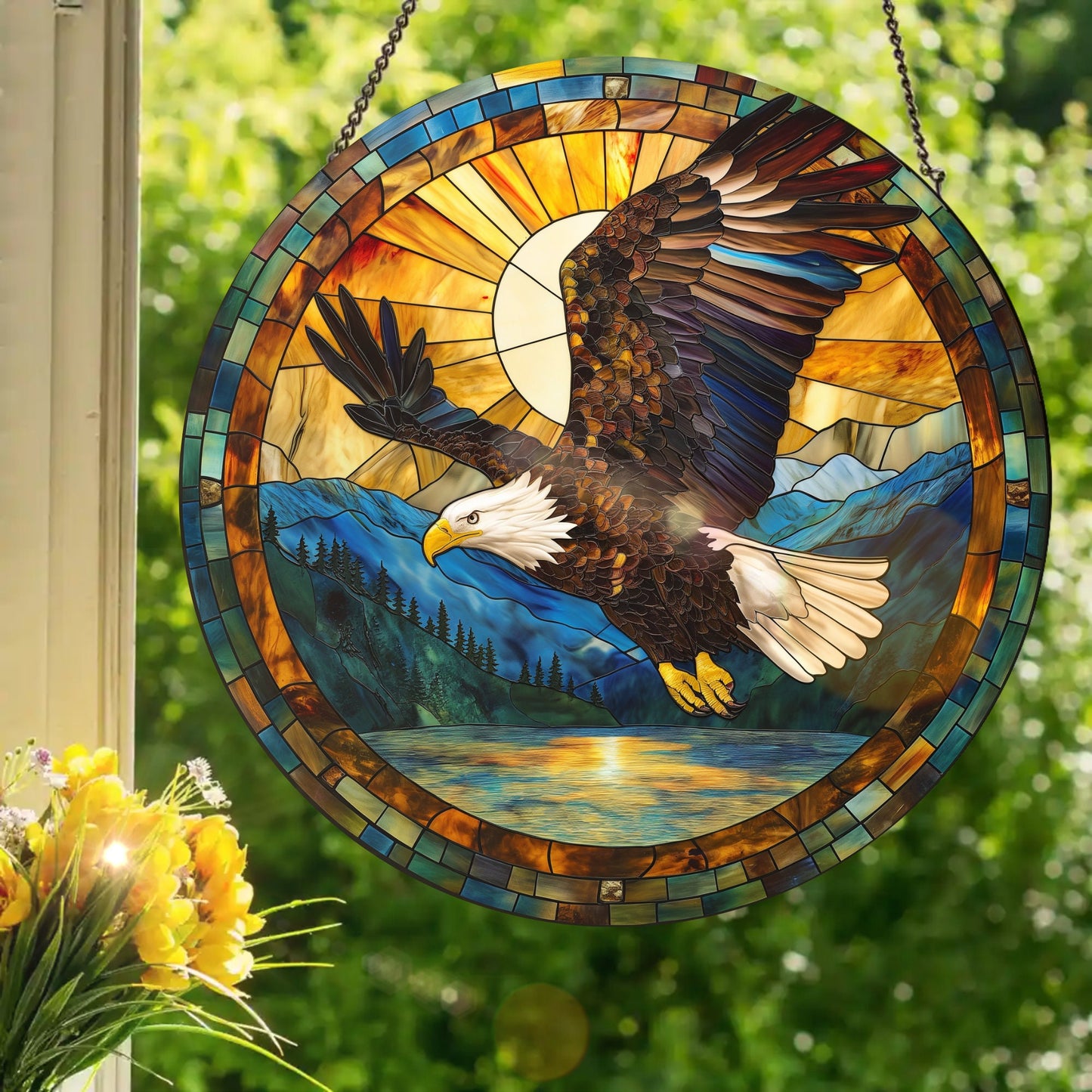 Bald Eagle: Stained Glass Style Window Hanging