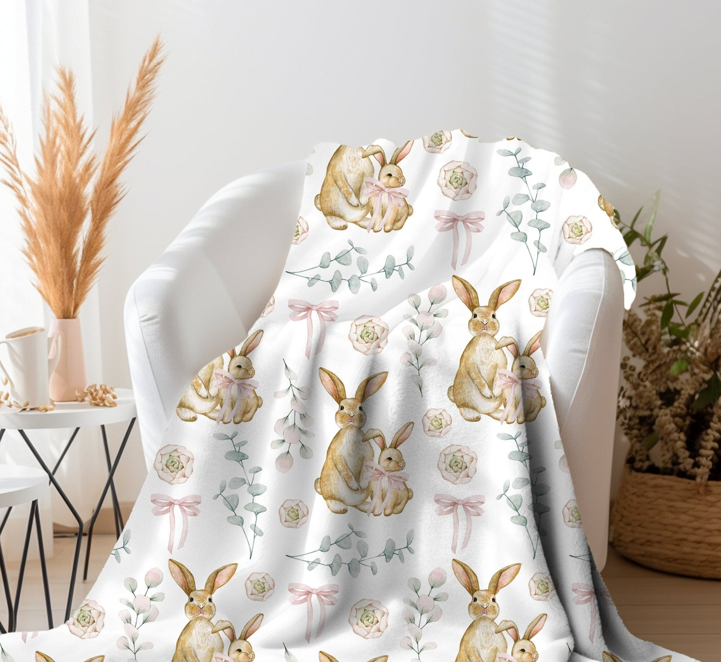 Bunny Throw Blanket Easter Home Decor, Spring Home Decor, Easter Bunny Velveteen Minky Blanket, Spring Bunny Bedspread, Easter Bunny Bedding